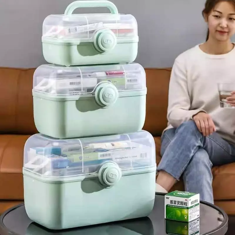 Kotak penyimpanan obat rumah multi-lapisan, kotak pertolongan pertama portabel, wadah penyimpanan obat keluarga darurat