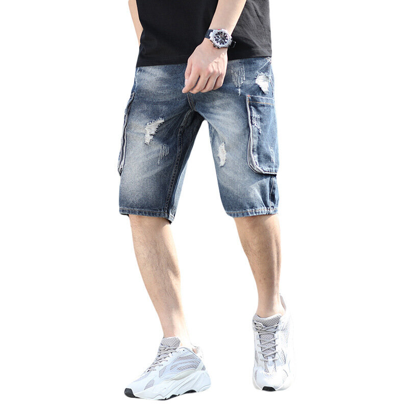 Shorts jeans com bolso múltiplo e solto masculino, cool boys, verão