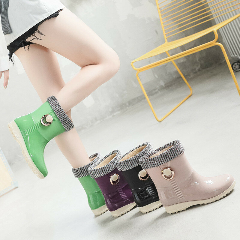 Spring Women's Outdoor Casual Fashion Mid-Tube PVC Rain Boots Warm Waterproof Boots Women's Comfortable Work Water Boots New