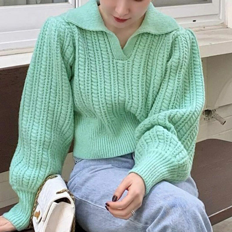 Women's Chic Long Sleeve V Neck Loose Pullover Sweater Lady Autumn Winter Solid Color Streetwear Lantern Sleeve Short Jumper