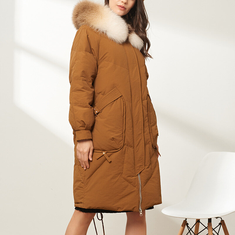 Chaqueta de plumón de ganso blanco para mujer, abrigos cálidos de longitud media con cuello de piel de zorro, versión coreana, 2022