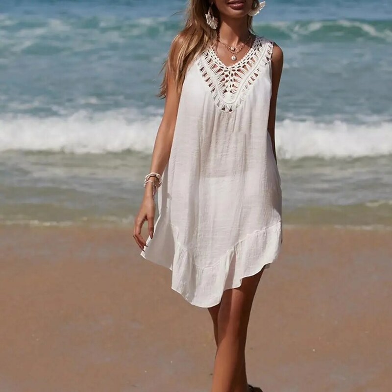 Vestido feminino sexy sem encosto solto, elegante vestido de praia de crochê com cadarço, decote em V, cobre maiô oco com sol
