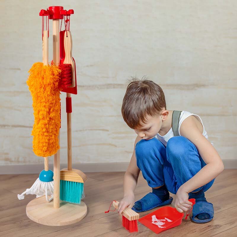 Casa para crianças Limpeza Brinquedos de madeira Set, Mini Simulação, Finja Jogar Jogo, Crianças Mop Varrendo, Mini Ferramenta