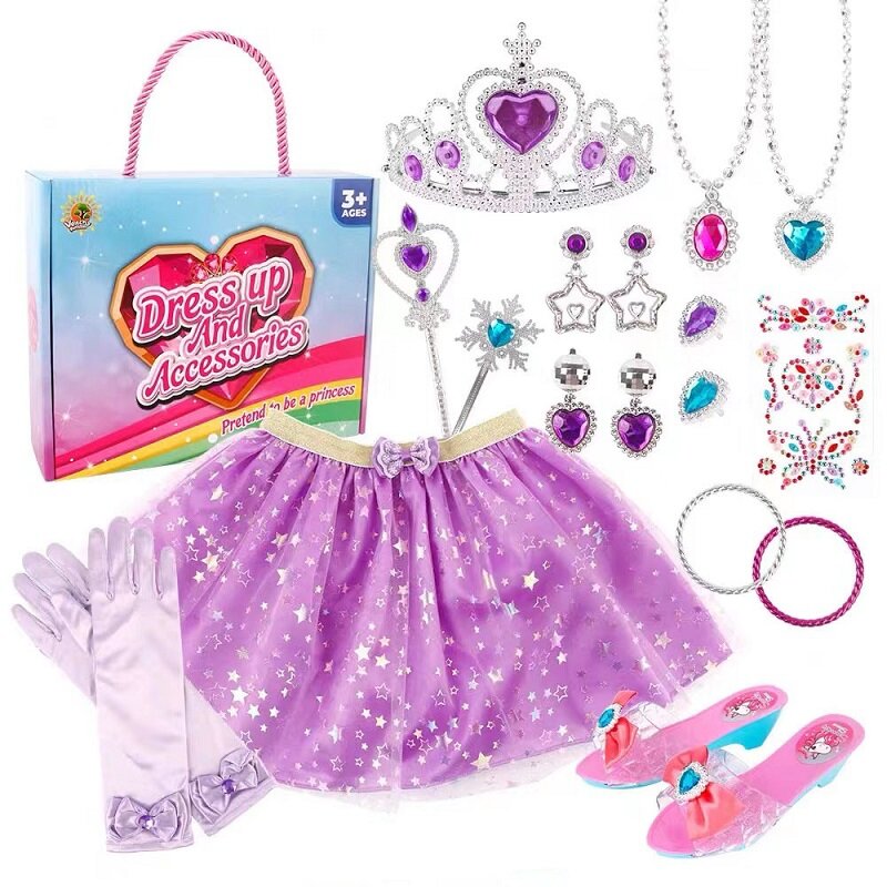 Paquete de joyería para niña, juego de rol decorativo, vestido de princesa, falda, zapatos de cristal, corona colgante, varita mágica, regalo de cumpleaños y Navidad