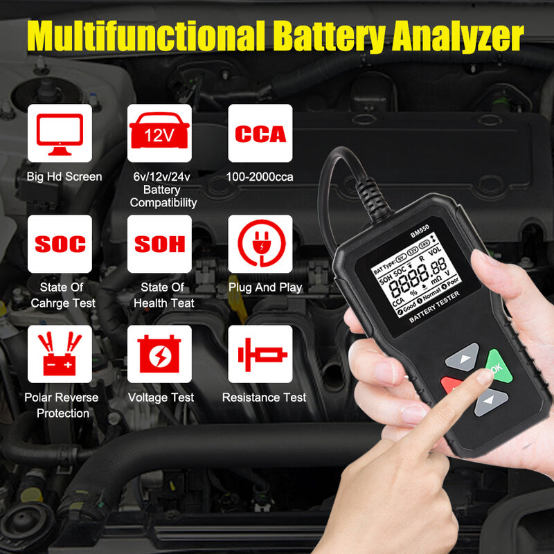 Обнаружение системы аккумуляторов 100-2000 CCA, инструмент для определения автомобильных аккумуляторов 6 в, 12 В, 24 В, тестер автомобильных аккумуляторов, анализатор автомобильных аккумуляторов BM550, черный