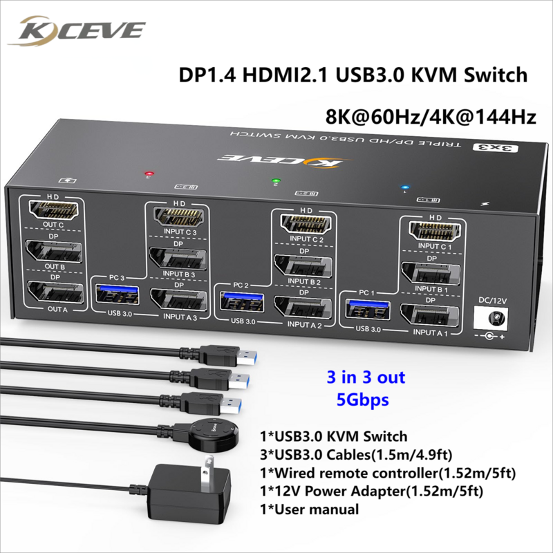 KCEVE-HDMI Interruptor KVM USB 3.0, 3 Monitores, 3 Computadores, 8K @ 60Hz, 4K @ 144Hz, Monitor Triplo, KVM com 4 Portas USB 3.0, Novo