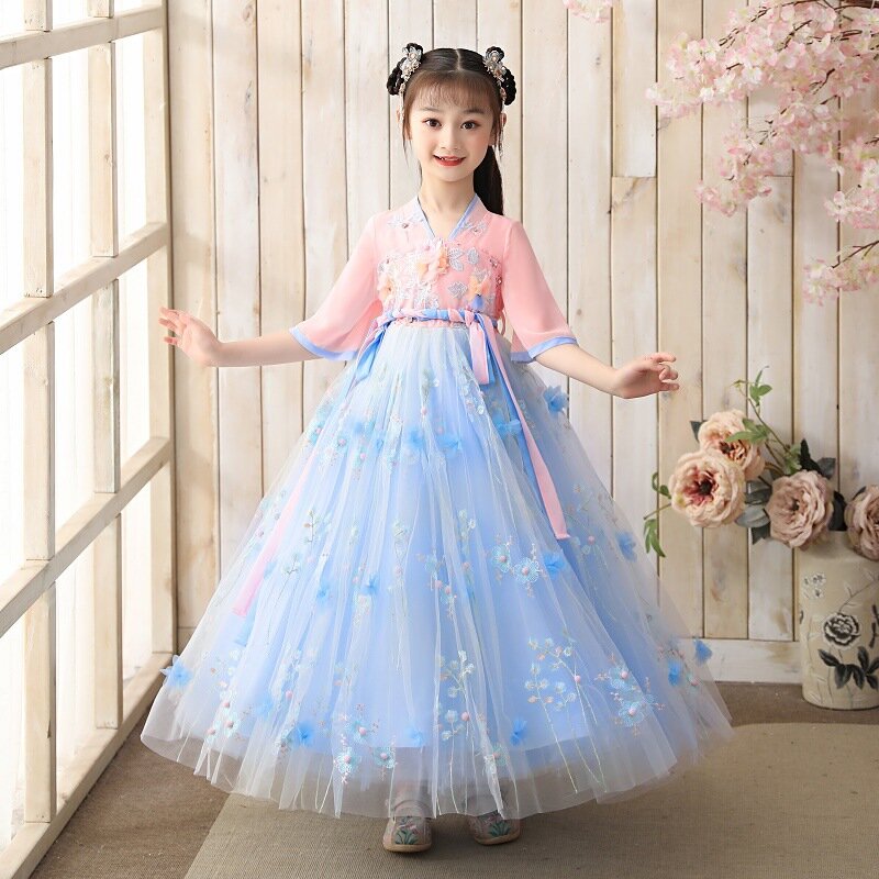 Autumn Girls Fairy Fluffy Embroidery Dresses Kids Chinese Style Traditional Hanfu Party Evening Performance Princess Hanfu 