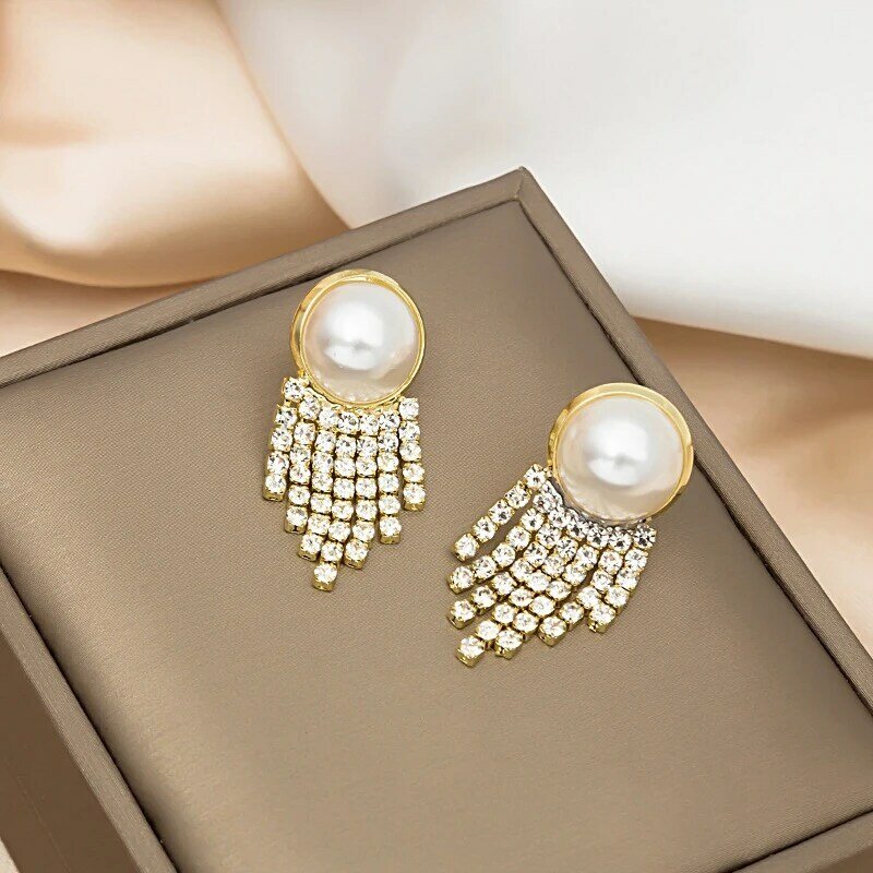 Brincos de pérolas com diamante francês para mulheres, joias banquete, requintado, versátil, estilo legal, avançado, suave