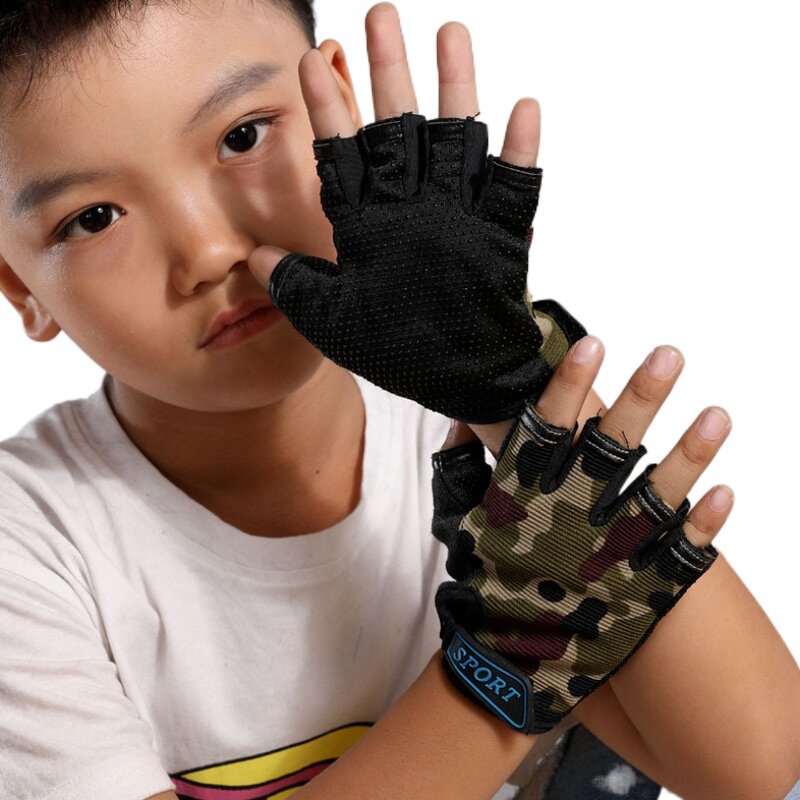 Guantes deportivos de camuflaje para niños y niñas, guantes de medio dedo para montar en bicicleta, correr, deportes al aire libre, 1 par