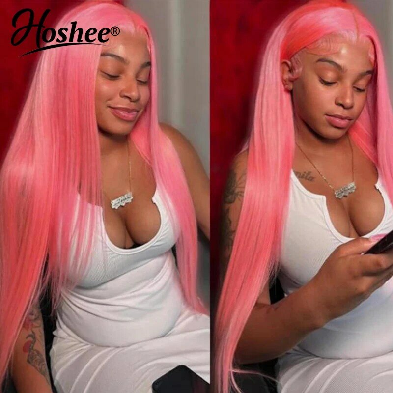Peluca de cabello humano liso para mujer, postizo de encaje Frontal 13x4 HD, color rosa, azul claro, transparente, brasileño, Remy
