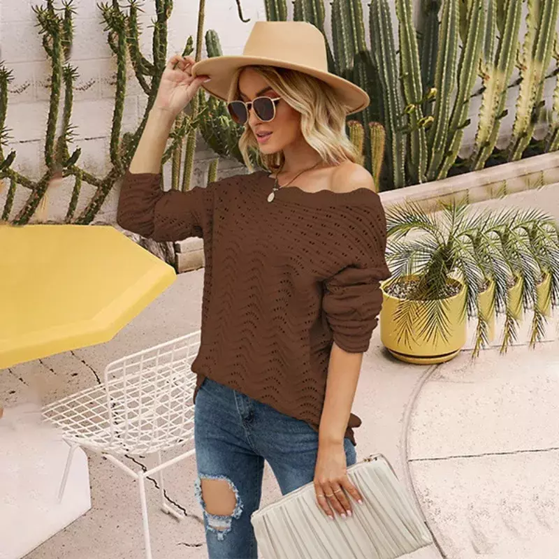 European and American Solid Color Hollow Pullover with Lace Knitwear, One Line Neck Off the Shoulder Sweater for Women SFC5-3