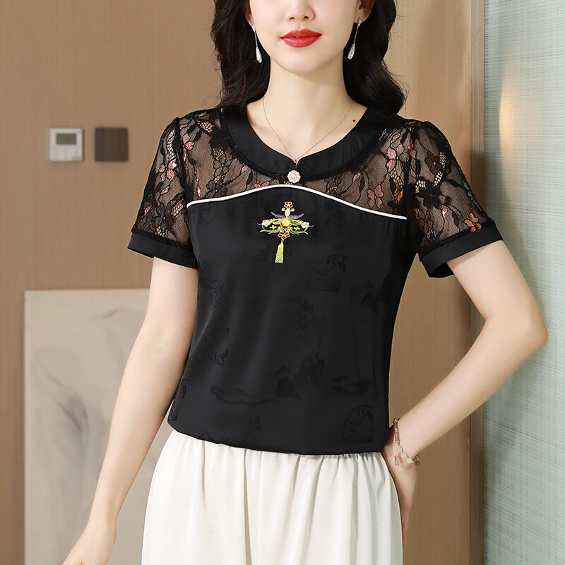 Tops bordados estilo chinês para mulheres, blusa de cetim patchwork verão, camisa de manga curta, nova moda, M a 4XL, 2024