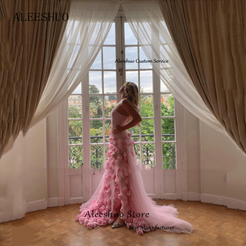 Aleeshuo Sexy Pink Prom Dress Sleeveless High Side Slit With Flower Prom Gown Party Dress فستان سهرة Strapless Vestido De Novia