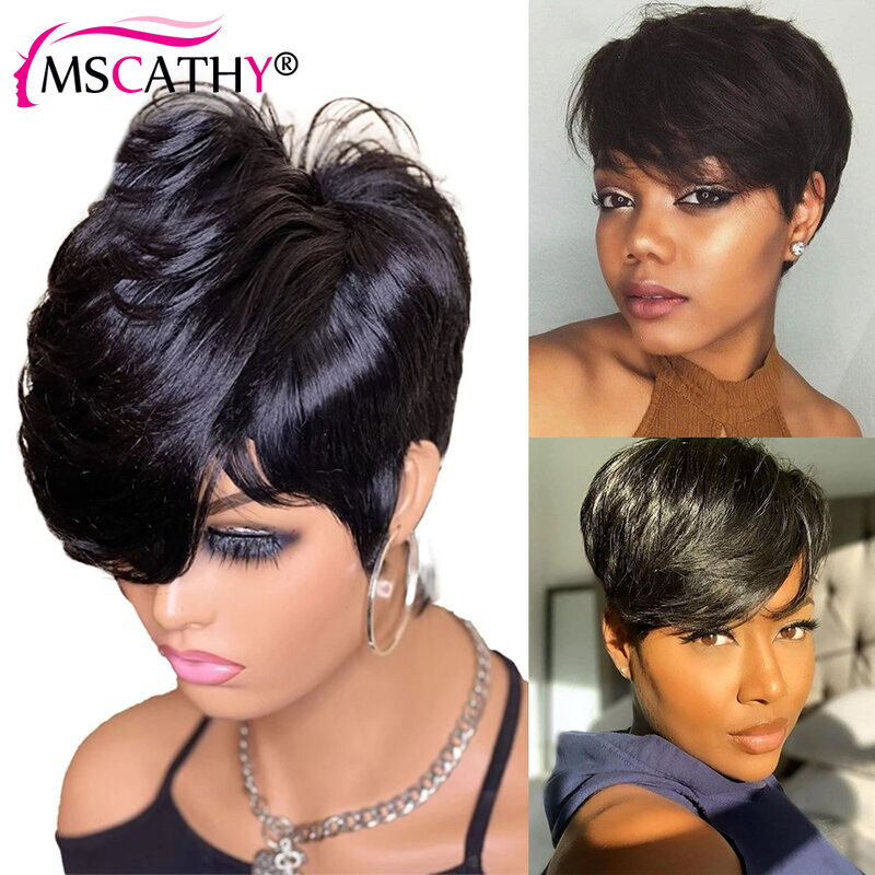 Black Color Glueless Wigs Natural Human Hair Wigs For Black Women Pixie Cut Short Straight Bob Full Machine Made Wig With Bangs
