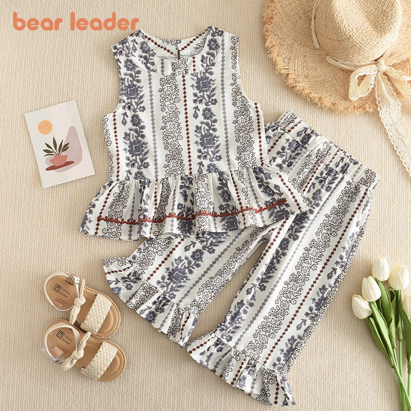 Líder urso-terno de verão para meninas, nova versão coreana, camisa de manga curta, manga bolha, calças de pernas largas, 2019