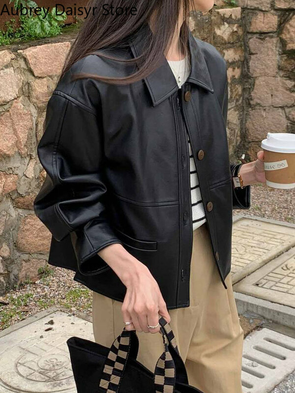 Koreański Trend w modzie przycięte skórzana kurtka kobiety główna ulica czarny Punk płaszcz ze skóry PU Streetwear cienkie Vintage Casual skórzane marynarki