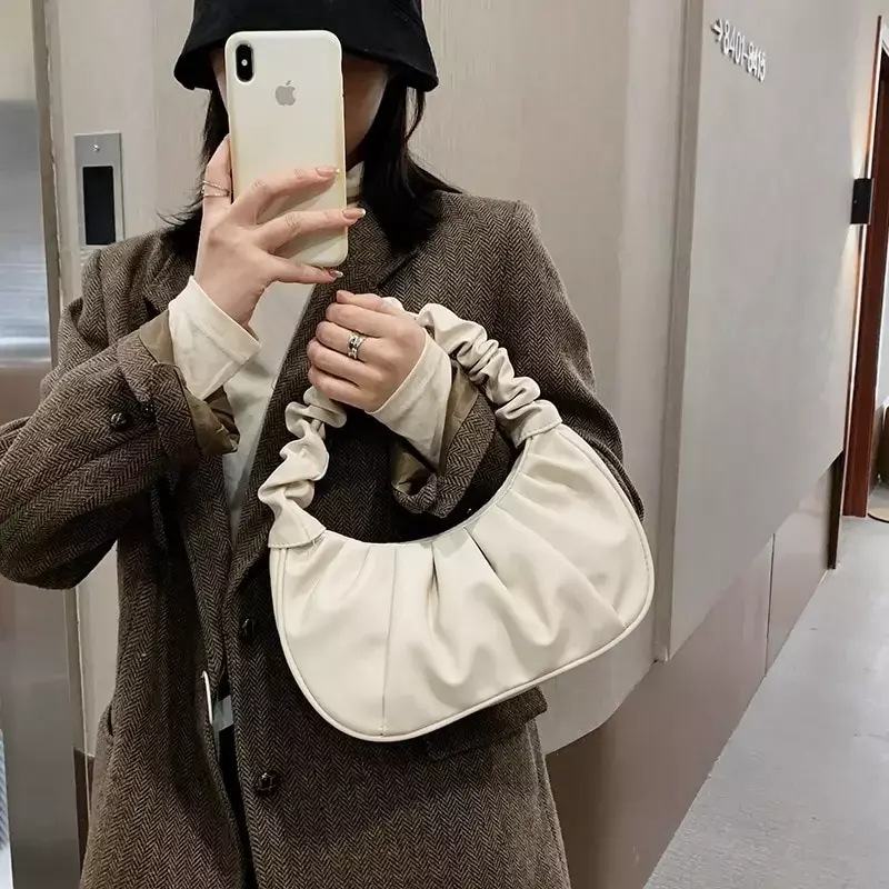 Stylish Pleated Handlebags for Women PU Cloud Bags Leisure Armpit Bag Shopping Shoulder Bags Female Fashion Handbag