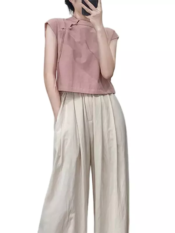 Calça casual fina de cintura alta feminina, moda rua damasco, calça larga, simples, básica, verão