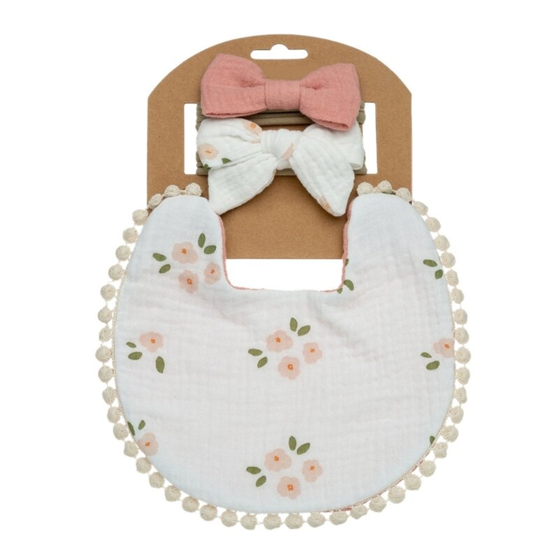 Bavaglini per neonato Asciugamano per saliva con stampa floreale Fascia per capelli con fiocco per ragazzi e ragazze P31B