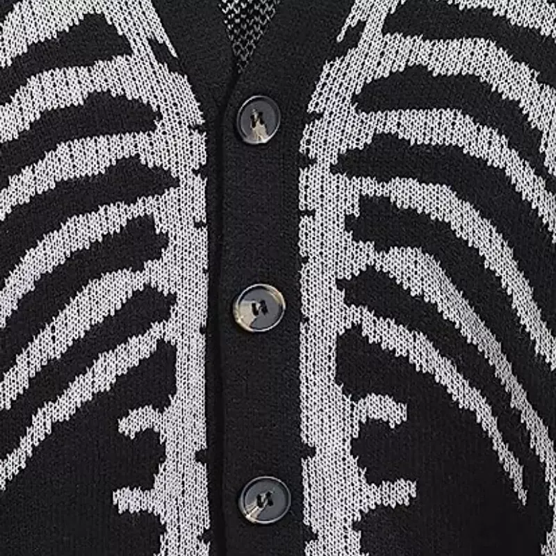 남성용 세련된 해골 패턴 자카드 스웨터 가디건, 느슨한 V넥 스웨터 코트, 겨울 니트 재킷, 가을 패션