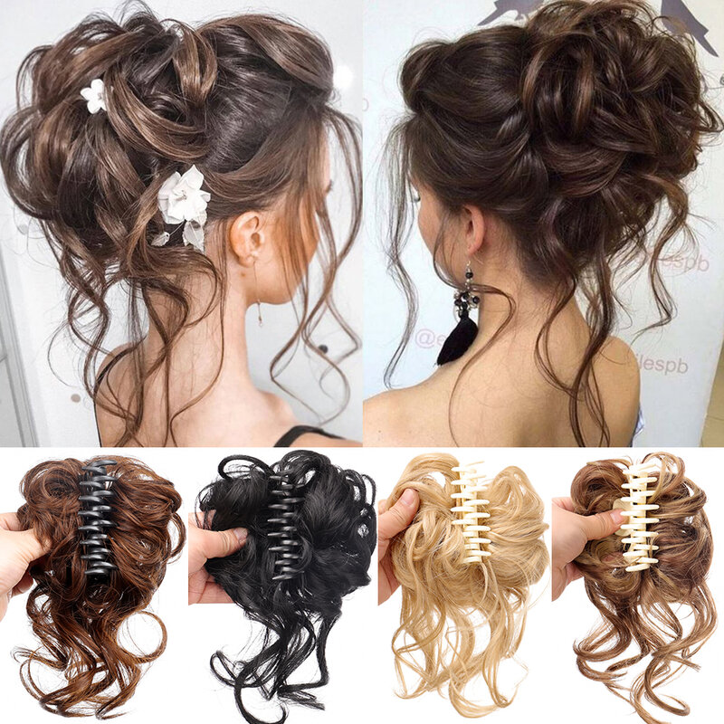 Syntetyczny klips do włosów Messy peruki z kręconych włosów dla kobiet Bun Claw Extension Chignon Hairpiece dla kobiet sztuczne włosy