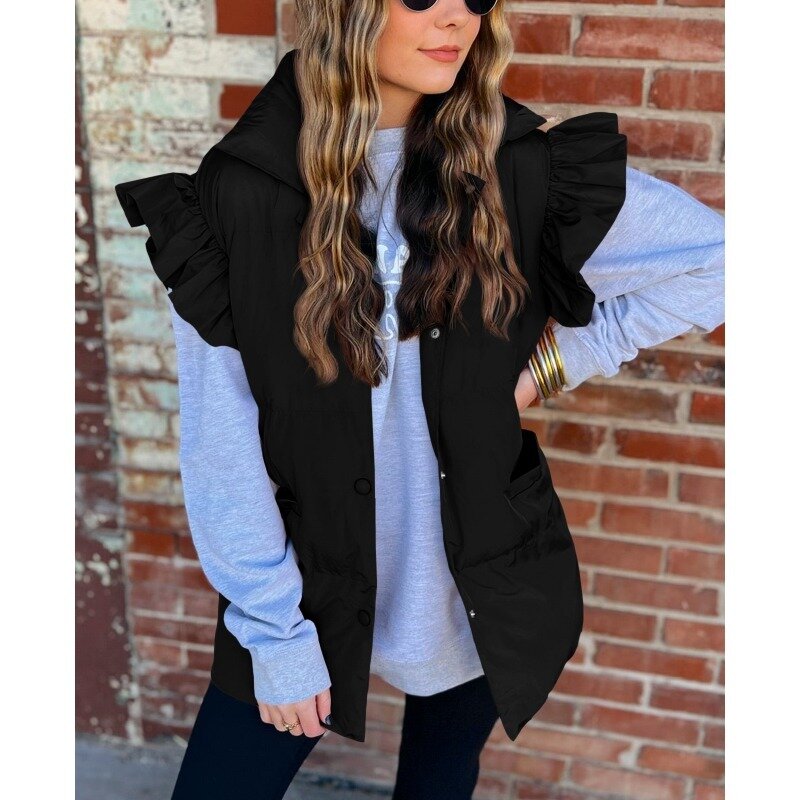Autumn Winter Parkas Vest Coat Women Loose Pockets Cotton-Padded Coat Women Flying Sleeves Stand Collar Single-Breasted Parkas