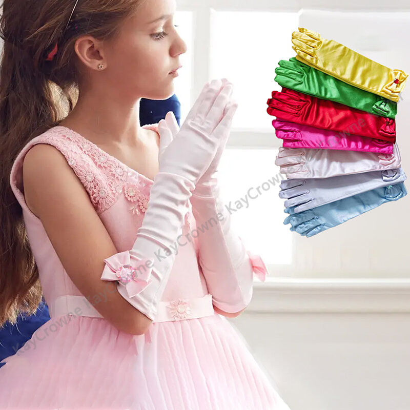 ถุงมือยาว29ซม. สำหรับเด็ก, ถุงมือแบบเต็มนิ้วทำจากผ้าซาตินถุงมือเจ้าสาวแสดงบนเวที G332 kado ulang tahun