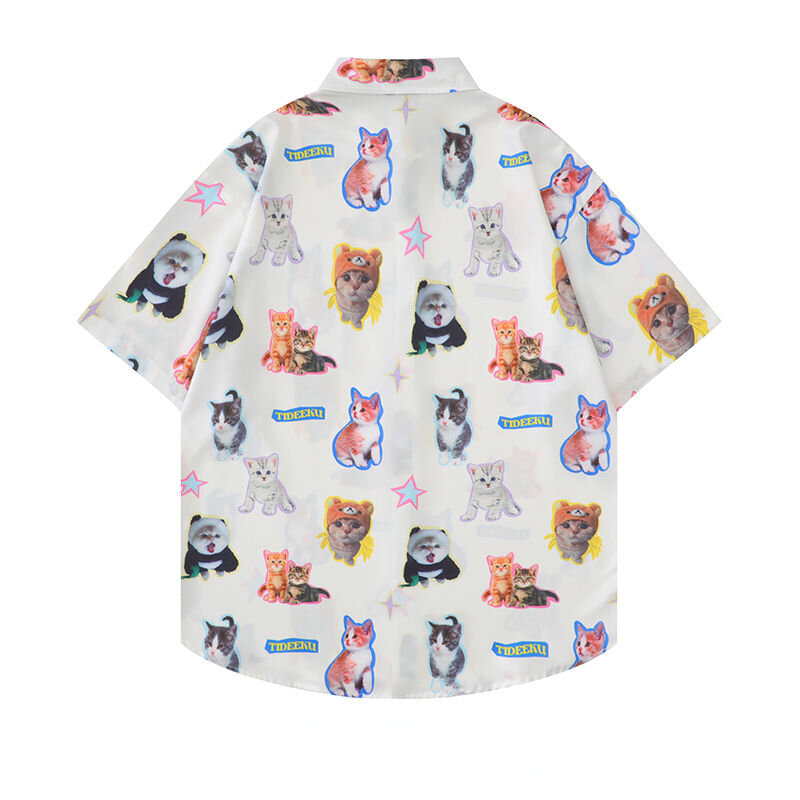 Deeptown-Blusas femininas com estampa Kawaii Cat, Harajuku, fofas, gráficas, brancas, camisas de manga curta, grandes dimensões, casual, estilo praia, cardigã