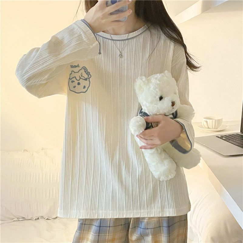 Conjunto de pijama Kawaii coreano para mujer, ropa de dormir grande de manga larga de algodón, moda de otoño e invierno, novedad