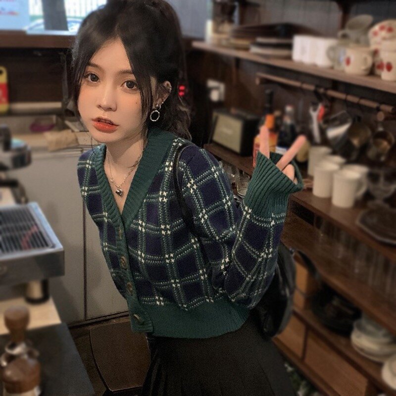 Camisola xadrez feminina vintage com decote em v único breasted cardigan para mulher outono inverno coréia moda cardigan recortado