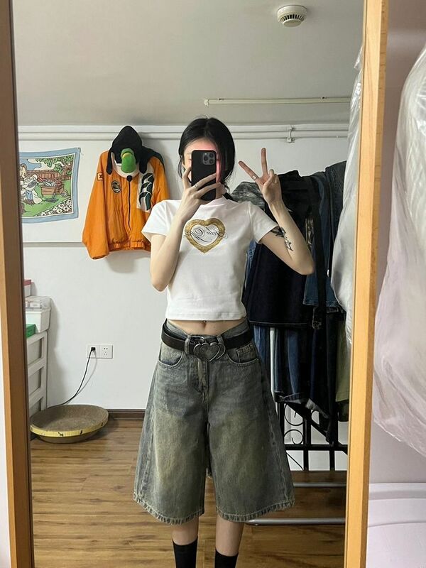 HOUZHOU Y2k Vintage workowate dżinsy szorty damskie Oversized koreańskie modne spodenki Harajuku japoński styl lat 2000 spodnie dżinsowe lato
