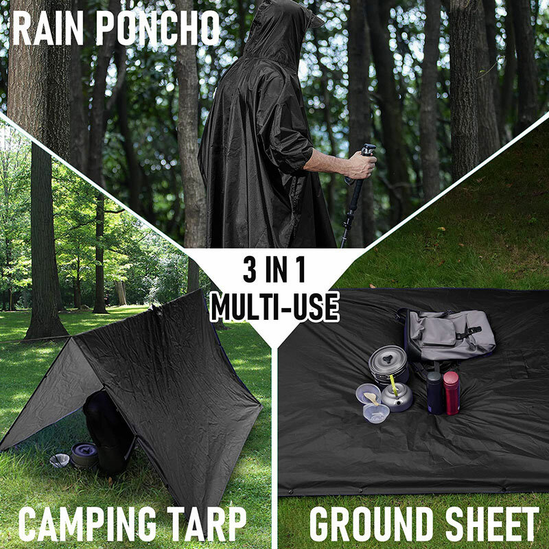 Impermeável multifuncional portátil, Poncho de chuva com capuz, Poncho de caminhada, Outdoor Camping Tent Mat, 3 em 1