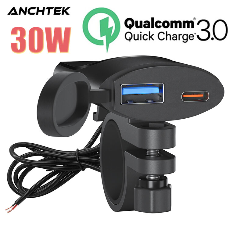 Anchtek QC3.0 Carregador USB para motocicleta 30W, IP67 impermeável, Suporte de montagem do guidão, Câmera digital, Carregador de telefone