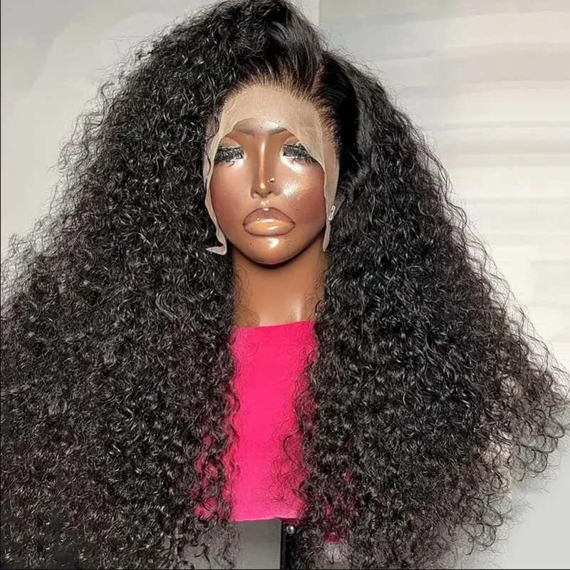 BabyHair-peluca rizada de encaje frontal para mujer, postizo largo de 26 pulgadas, color negro Natural, 180de densidad, sin pegamento, predesplumada, resistente al calor, uso diario