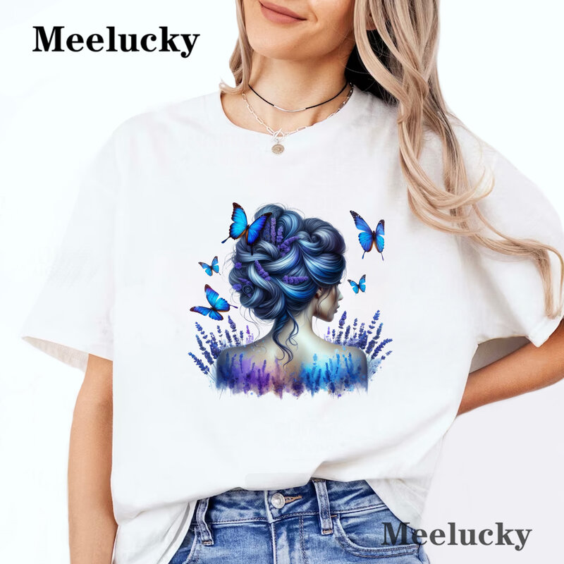 푸른 꽃과 나비 꽃 프린트 크루넥 티셔츠, 캐주얼 긴팔 상의, 용수철 및 가을 여성 의류