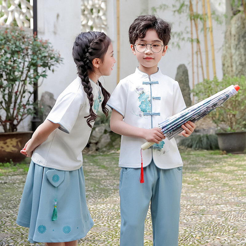 Anak Perempuan dan Anak Laki-laki Musim Panas Baru Gaya Cina Antik Kancing Hanfu Anak Cetak Bunga Rumbai Qipao Gaun Kinerja Bermain Peran Rok