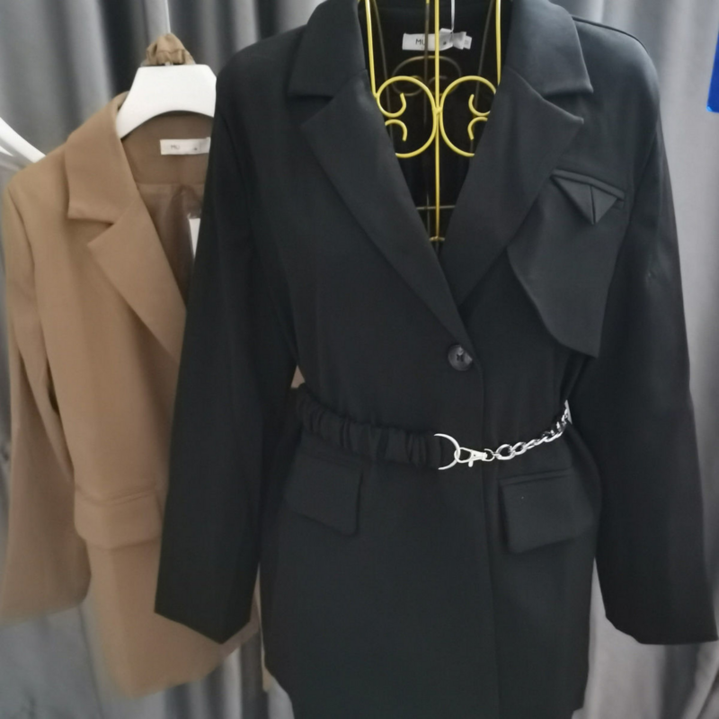 韓国のファッションブレザーコート,女性用シングルブレスト長袖メタルベルトコート,女性用衣類2023