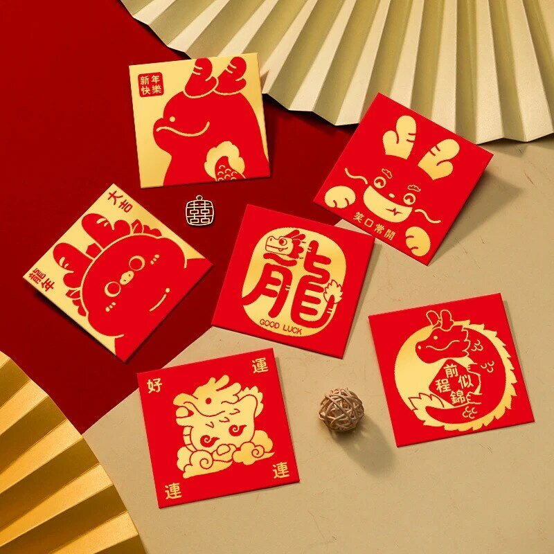 6pcs 2024 Jaar van de Dragon Red Envelope Personaliseerde Creative Hot Gold Red Envelop Money Pocket Cartoon Kinderen Red Packet