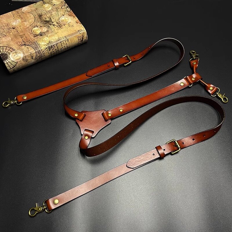Suspender kulit asli untuk pria, celana suspender kulit asli klasik ukuran 2x125cm dengan 4 kait dan tali selempang bisa disesuaikan, celana suspender wanita dan kawat gigi