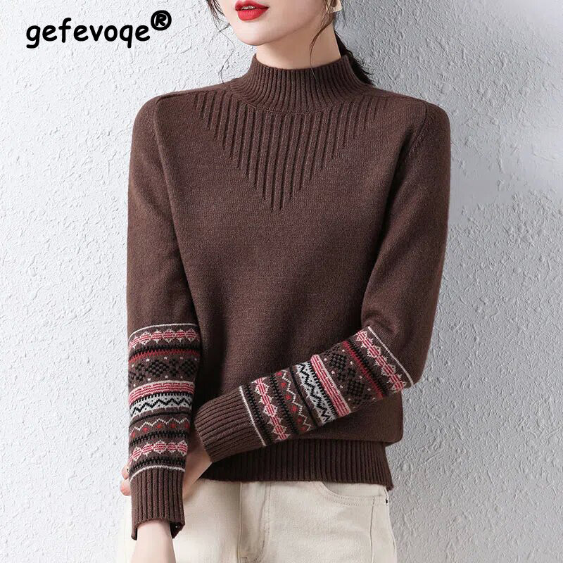 Sweater Rajut Luaran Kerah Setengah Tinggi Motif Bergaris Vintage Wanita Atasan Pullover Lengan Panjang Kasual Musim Gugur Musim Dingin Wanita