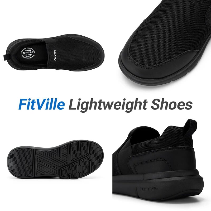 Fitville sepatu pantofel pria, Slip-On lebar kasual ringan bernapas untuk kaki bengkak Fasciitis menghilangkan nyeri kaki