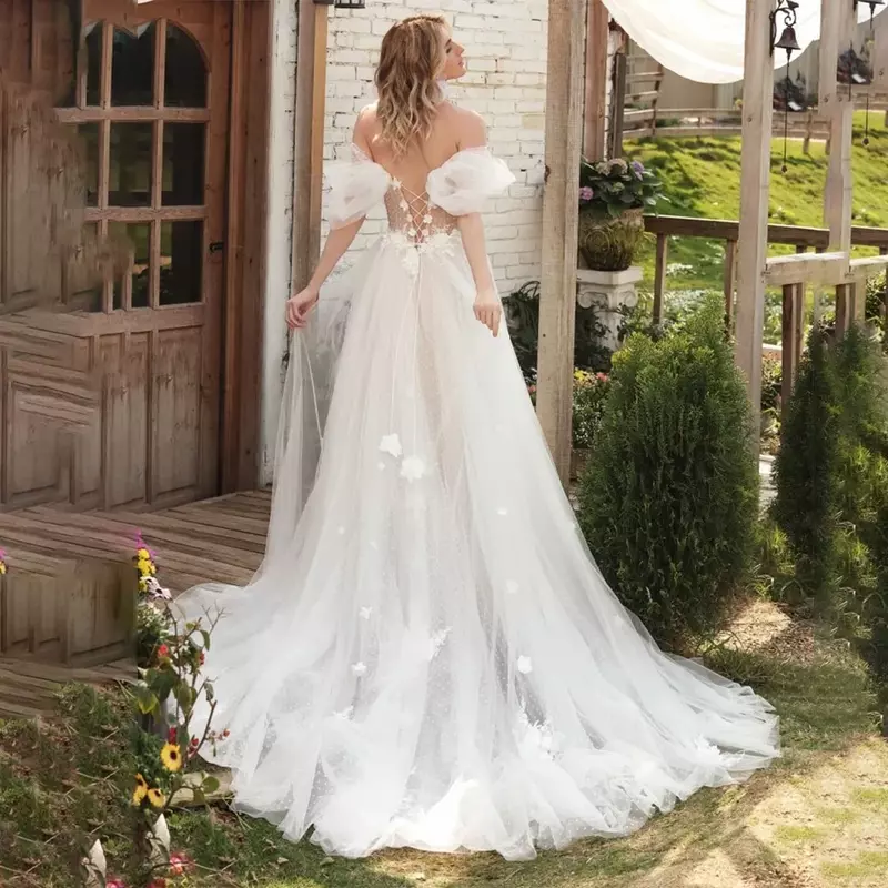 Seksowna elegancka suknie ślubne Boho 2024 z odkrytymi ramionami, z wysokim rozciętym suknie panny młodej Vestido De Novia Robe De Mariee