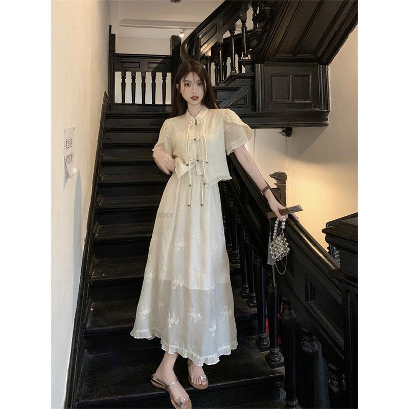 New Chinese Style Lady Button Up Short Sleeved Top High Waisted Skirt Women's Summer New Fashion Improved Daily Hanfu Set