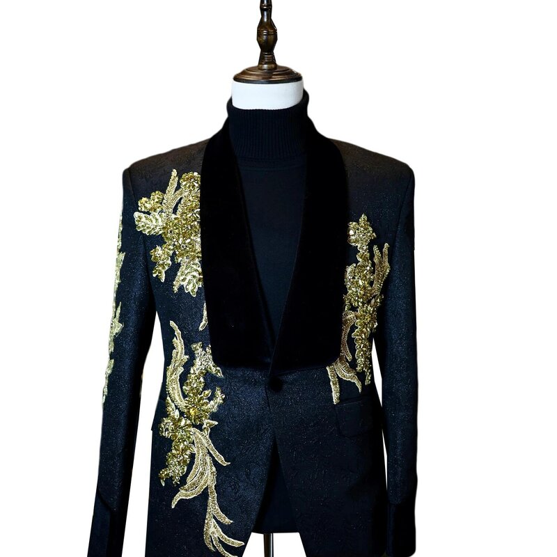 Luxury Men Wedding Blazer Golden Appliques Coat Shawl Lapel Prom Evening Party For Groom Only Jacket