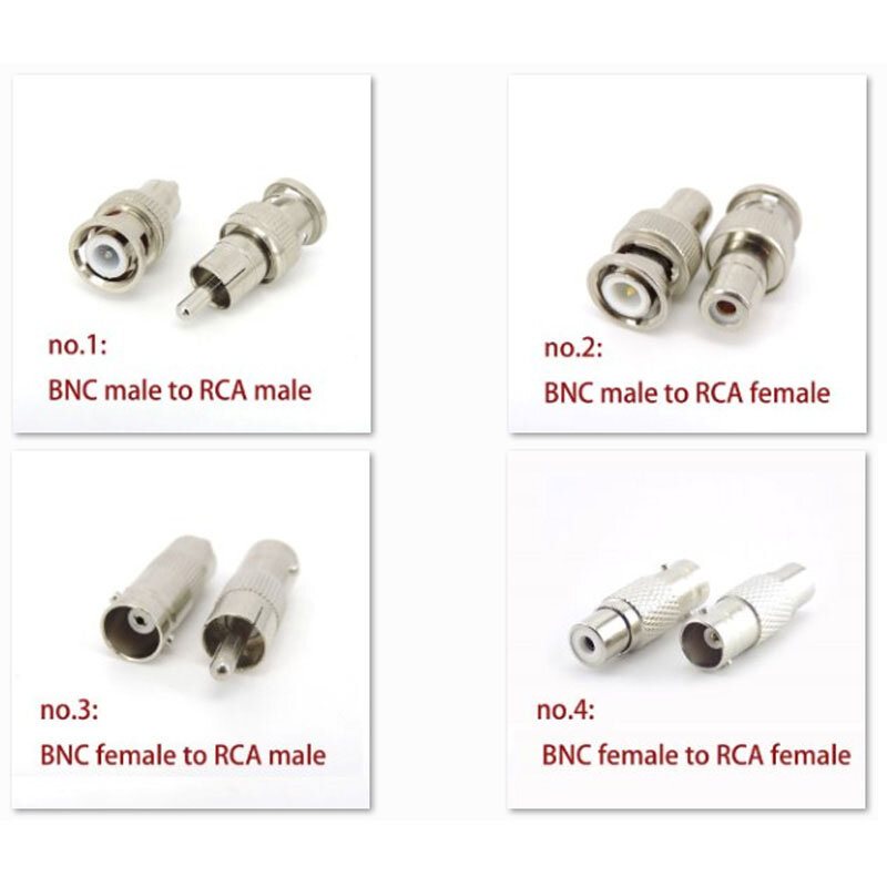 Conector de metal BNC macho y hembra a RCA macho y hembra, convertidor de Cable Coaxial para cámara CCTV, audio y vídeo, 4 tipos, 2 piezas, L1