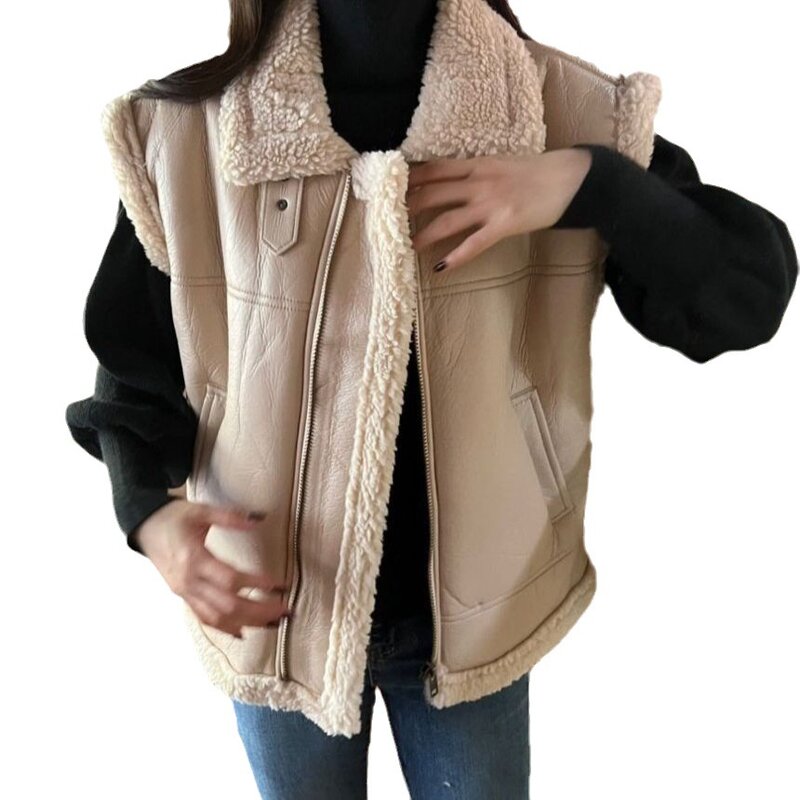 Colete de lã de cordeiro imitação feminina, pelagem retrô chique, casaco grosso, roupas novas, Coreia do Sul, 1 pc, outono e inverno