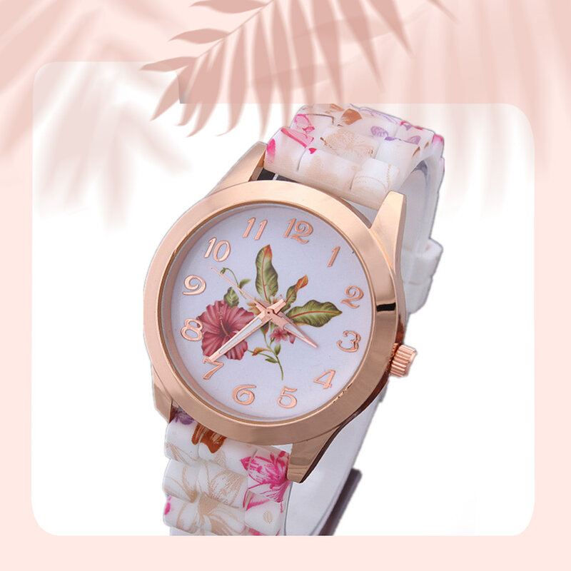 Jam tangan logam campuran kasual gaya pola bunga, jam tangan gelang hadiah ulang tahun