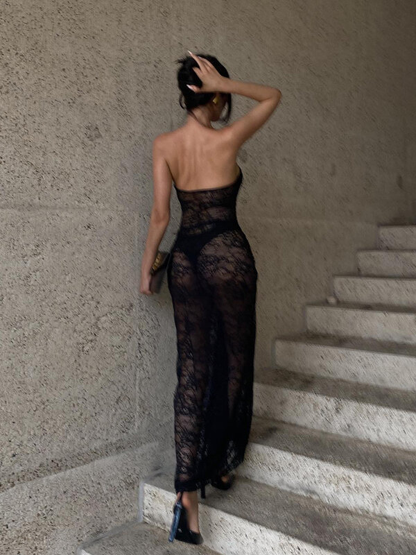 JULISSA MO-vestido de encaje con espalda descubierta para mujer, traje Sexy sin tirantes, fruncido, con hombros descubiertos, ajustado, 2023