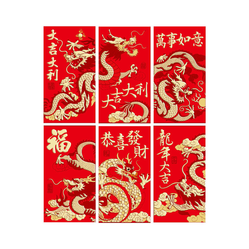Enveloppe rouge pour nouvel an chinois, année du dragon 2024, festival du printemps, logo du zodiaque, bronzant, 6 pièces
