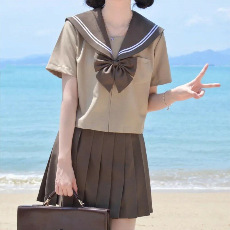 Dziewczęcy japoński mundurek szkolny JK Anime strój Cosplay ciemnobrązowy garnitur marynarski koreański top + plisowana spódnica zestaw modny kostium